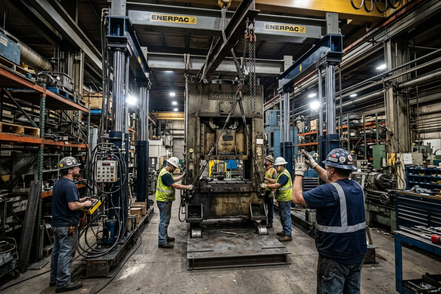 Industrial rigging crew using a hydraulic gantry system to lift a heavy press in a tight factory space - machinery moving