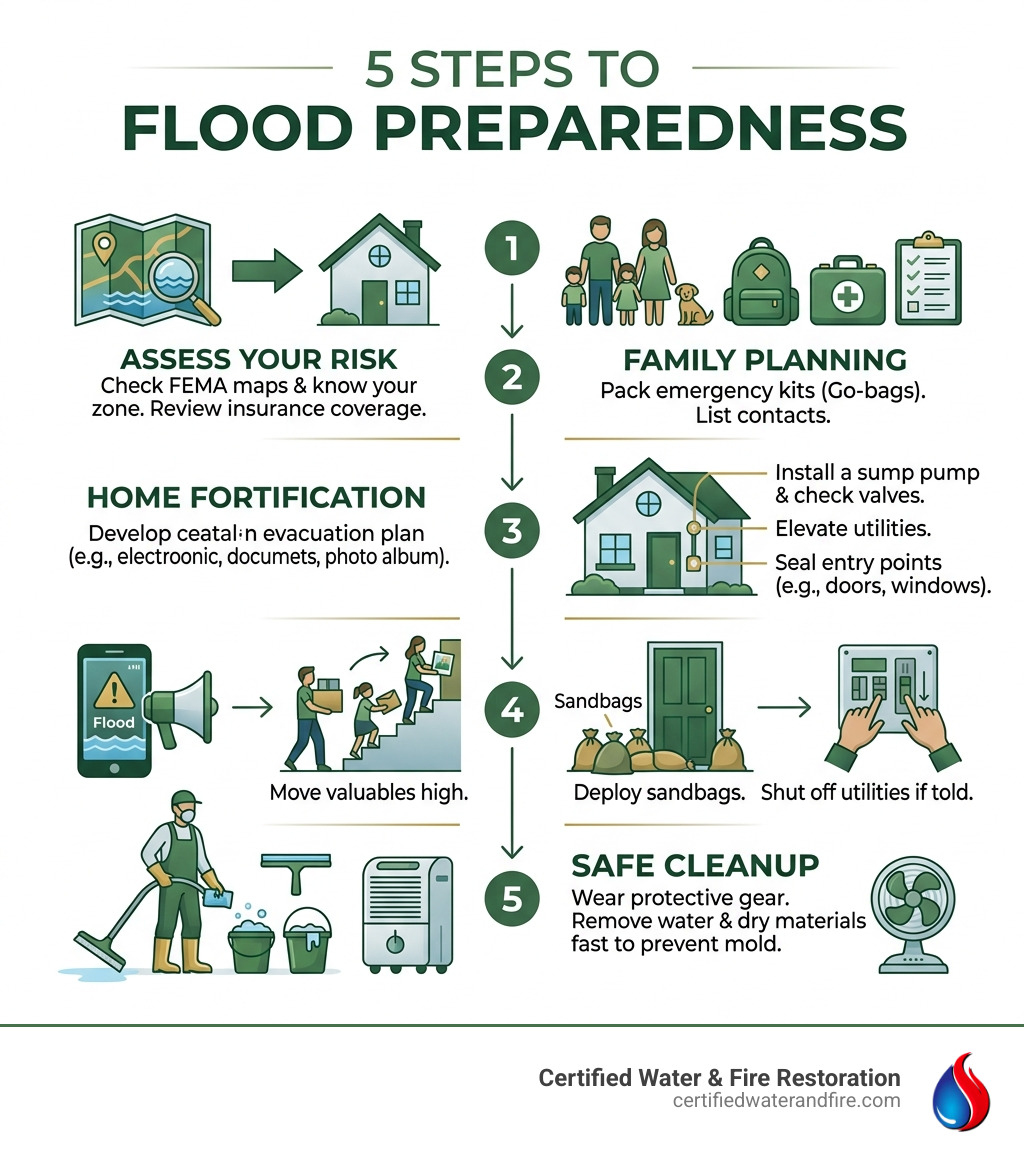 5-step flood preparedness infographic showing risk assessment, family planning, home fortification, flood warning actions