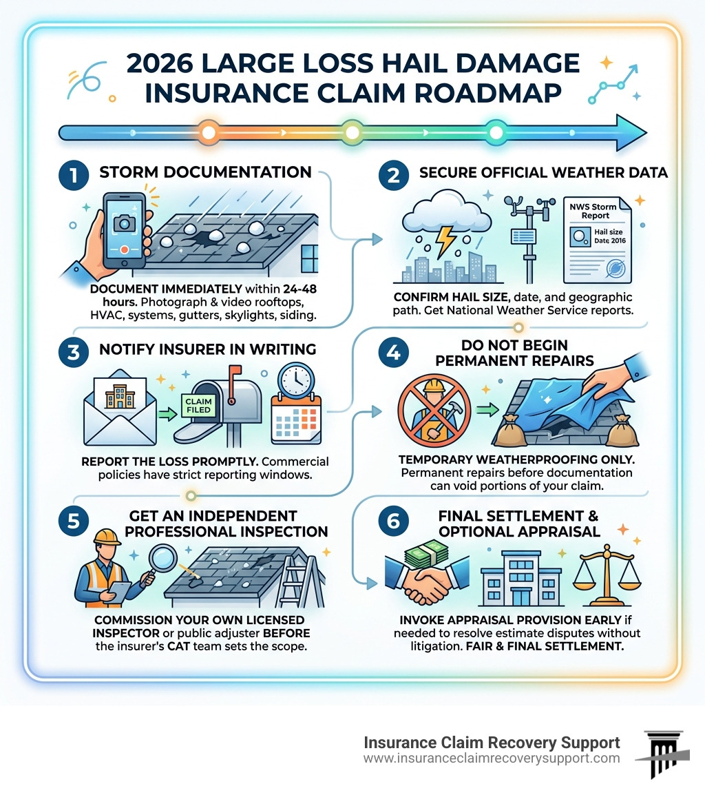 2026 large loss hail damage insurance claim roadmap: 6-step process from storm documentation to final settlement - large