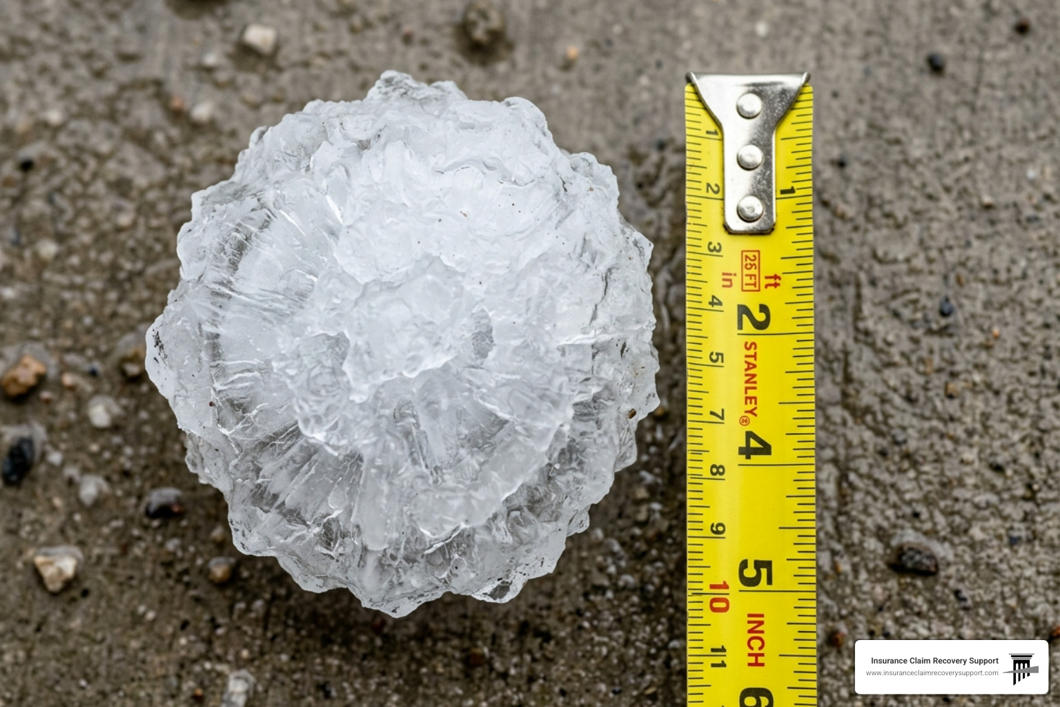 Grapefruit-sized hail next to a tape measure showing a 4.5-inch diameter - large loss hail damage insurance claim