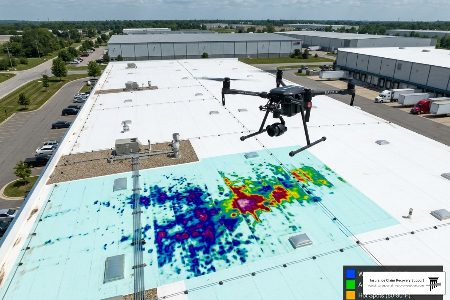 Commercial drone performing a high-resolution thermal roof scan to identify moisture under the TPO membrane - large loss