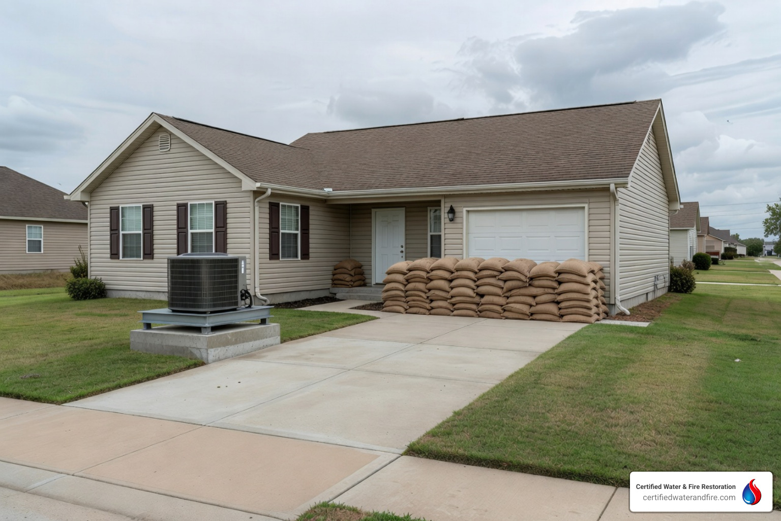 home with sandbags and elevated outdoor AC unit - how to prepare for flooding