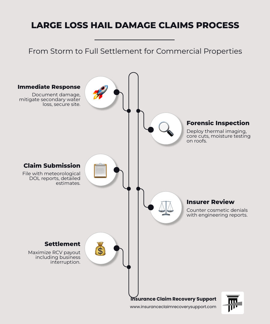 Step-by-step infographic: Large Loss Hail Damage Insurance Claims process from storm to settlement for commercial properties Step-by-step infographic: Large Loss Hail Damage Insurance Claims process from storm to settlement for commercial properties
