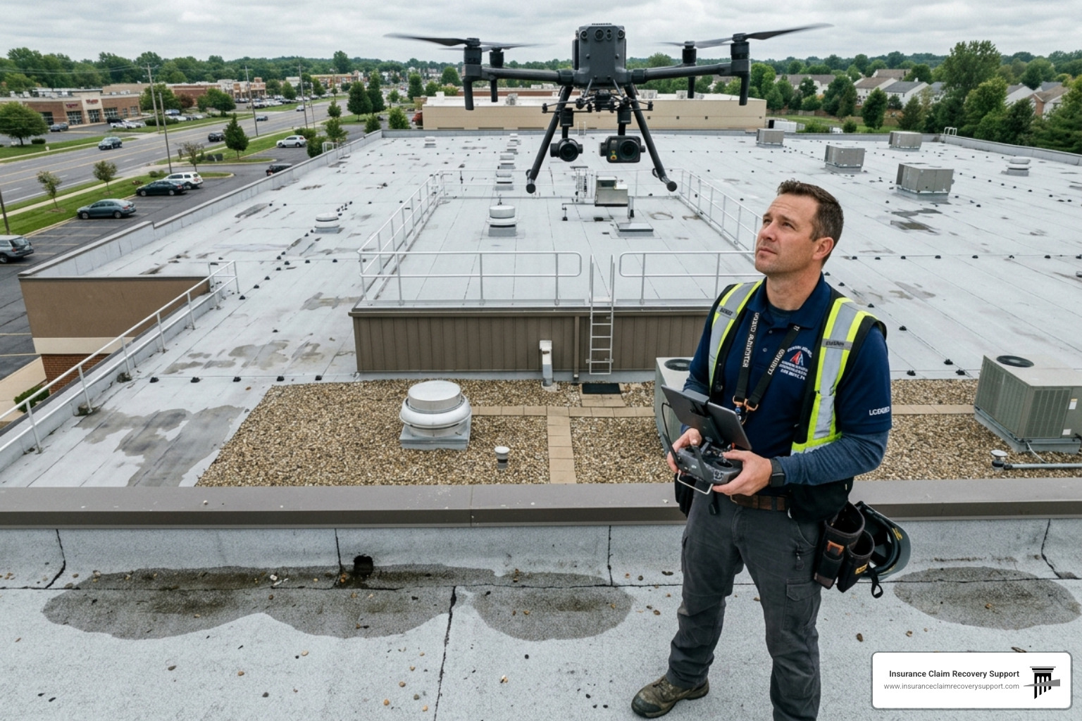 A licensed public adjuster deploying a thermal drone to identify sub-surface moisture on a commercial roof - Large Loss Hail A licensed public adjuster deploying a thermal drone to identify sub-surface moisture on a commercial roof - Large Loss Hail