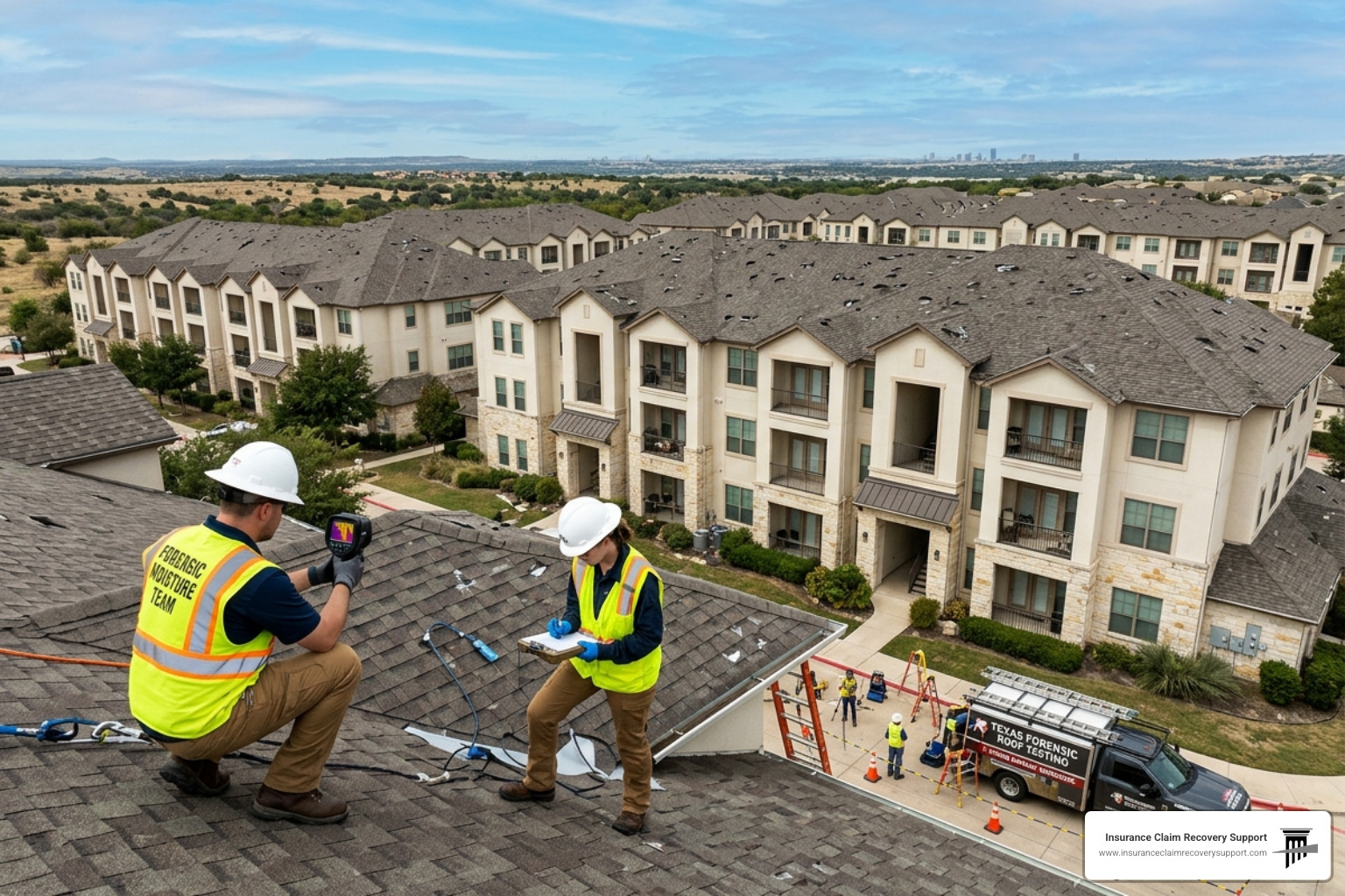 Large-scale apartment complex in Texas undergoing forensic moisture testing after a hailstorm - Large Loss Hail Damage Large-scale apartment complex in Texas undergoing forensic moisture testing after a hailstorm - Large Loss Hail Damage