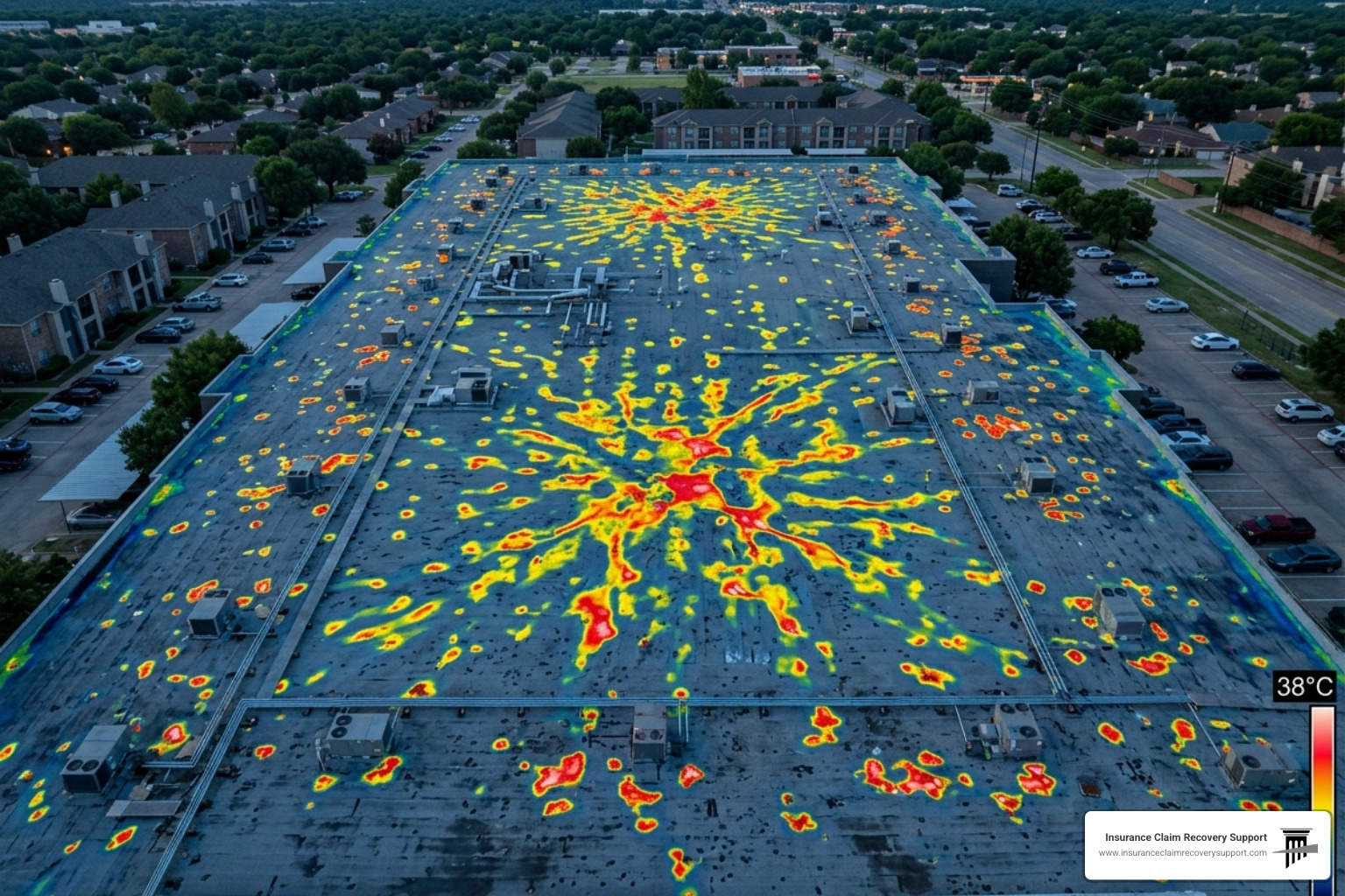 Drone thermal imaging showing moisture trapped under a commercial roof membrane after hail damage - The Definitive Guide to Drone thermal imaging showing moisture trapped under a commercial roof membrane after hail damage - The Definitive Guide to
