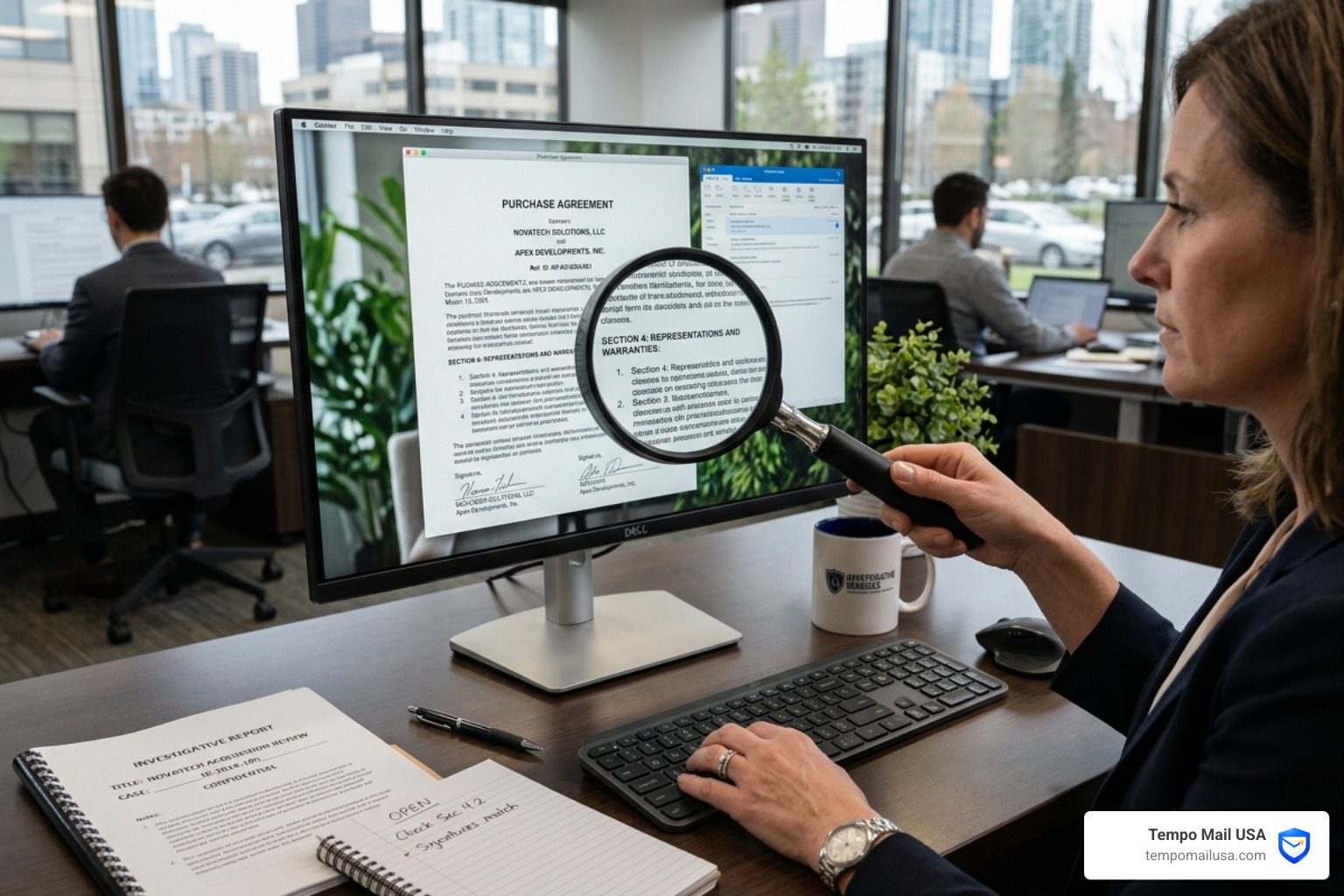 Professional investigative report showing a magnifying glass over a digital contract - esamastery scam Professional investigative report showing a magnifying glass over a digital contract - esamastery scam