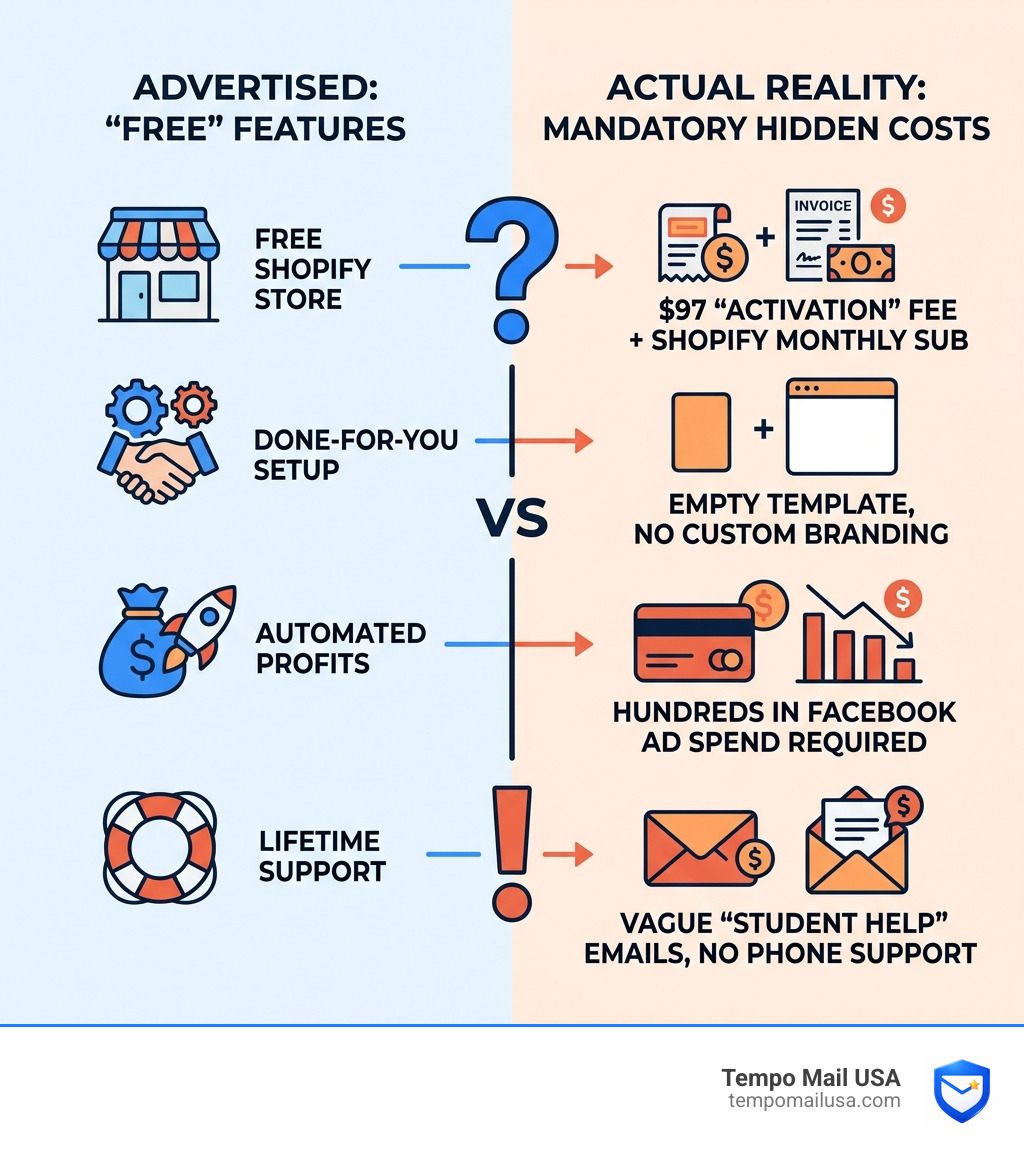 Comparison of advertised free features versus actual mandatory hidden costs - esamastery scam infographic Comparison of advertised free features versus actual mandatory hidden costs - esamastery scam infographic