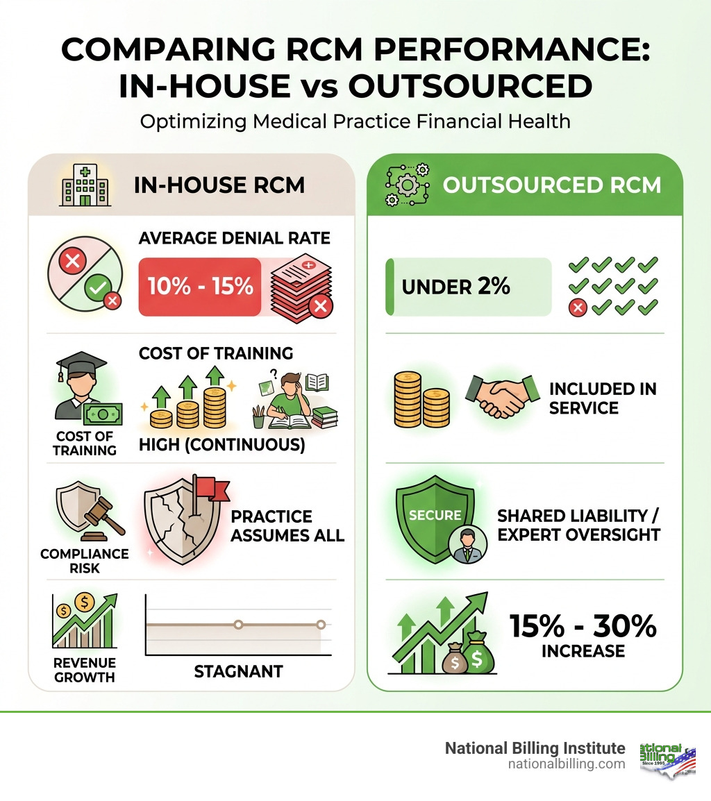 Comparison of in-house vs outsourced revenue cycle management performance stats - serving usa medical practices infographic 
