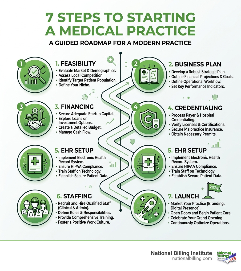 7 steps to starting a medical practice: feasibility, business plan, financing, credentialing, EHR setup, staffing, launch