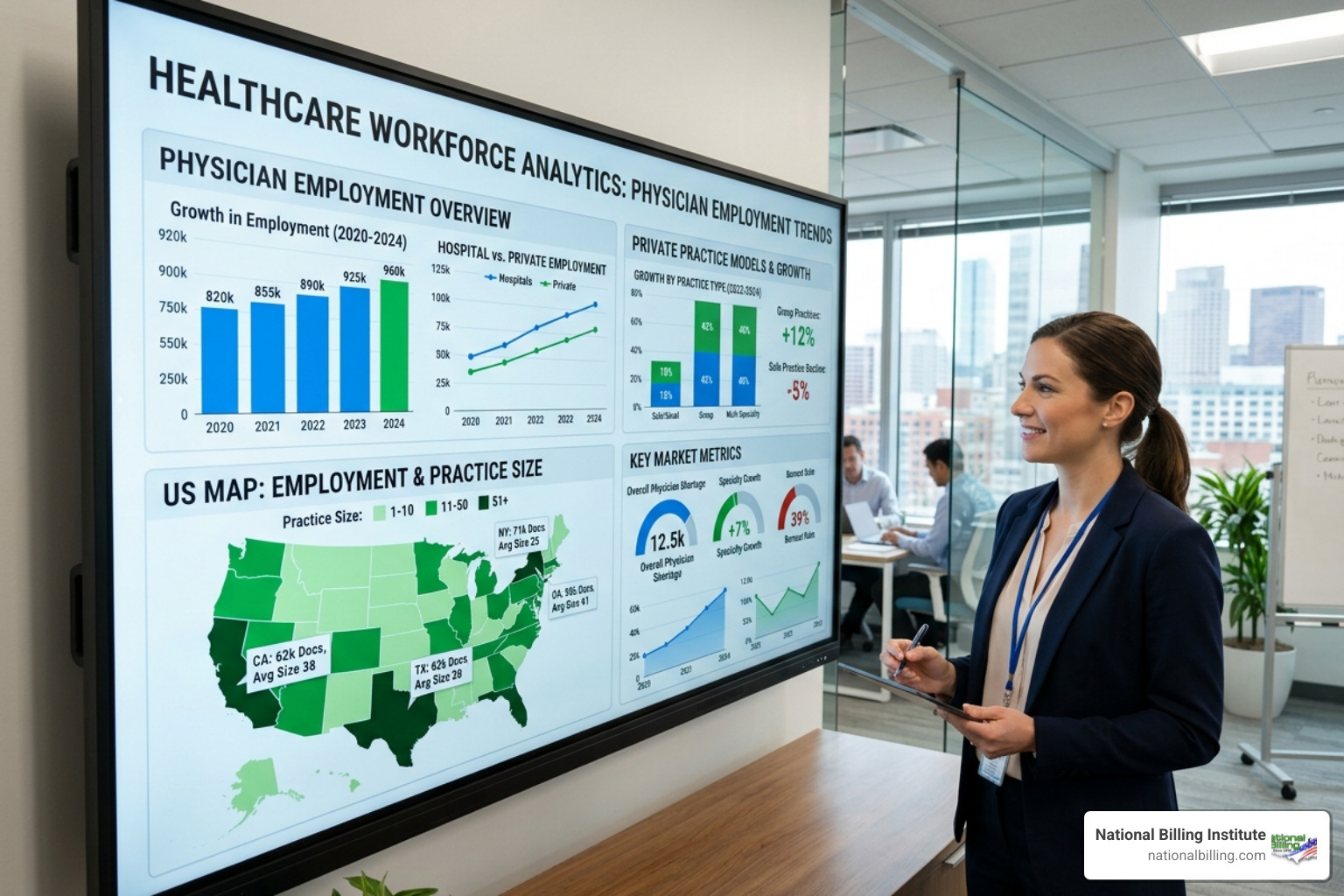 Healthcare data analytics showing physician employment trends and growth in private practice models - serving usa medical