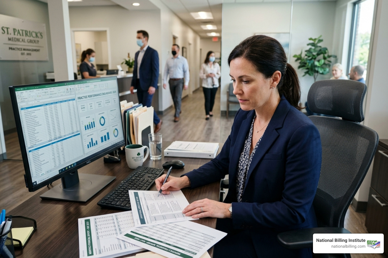 A professional medical practice manager reviewing financial reports and operational workflows - serving usa medical practices