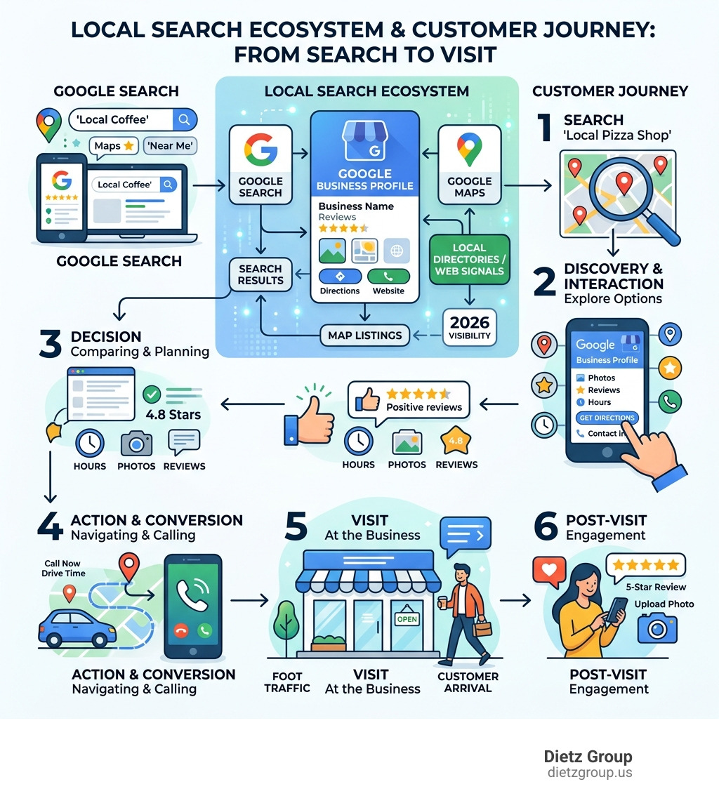 Infographic showing local search ecosystem and customer journey from Google search to business visit - google business