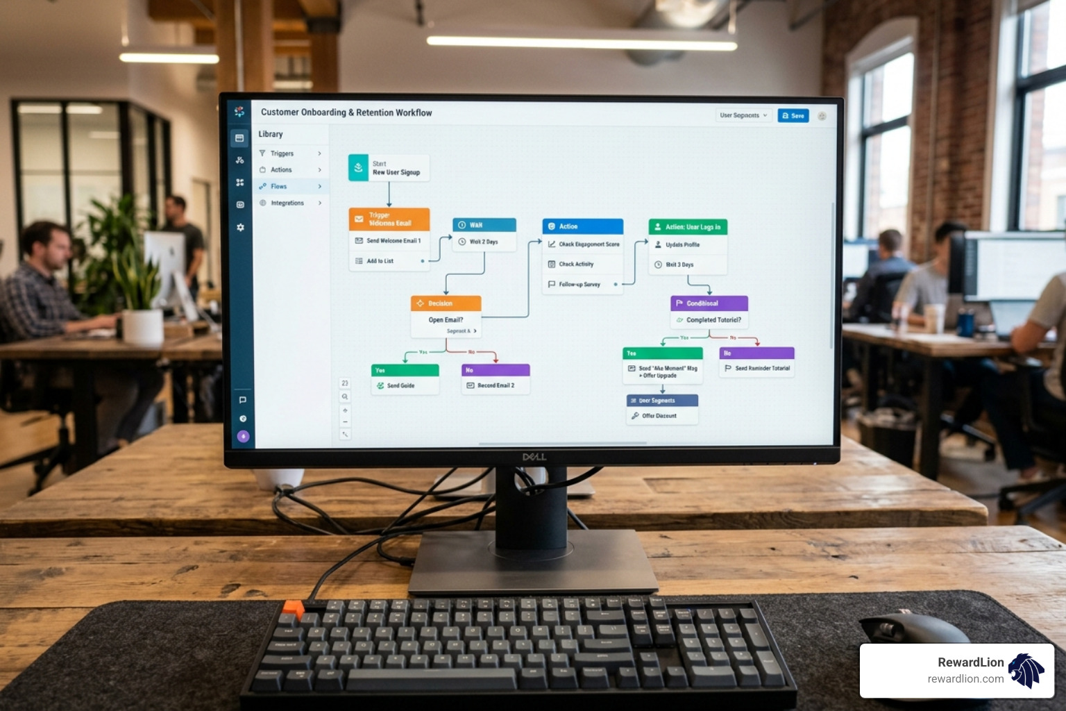 Visual drag-and-drop automation builder showing a complex customer journey workflow - online marketing automation software Visual drag-and-drop automation builder showing a complex customer journey workflow - online marketing automation software