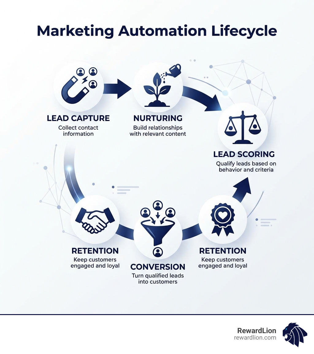 Marketing automation lifecycle infographic showing lead capture, nurturing, scoring, conversion, and retention stages Marketing automation lifecycle infographic showing lead capture, nurturing, scoring, conversion, and retention stages