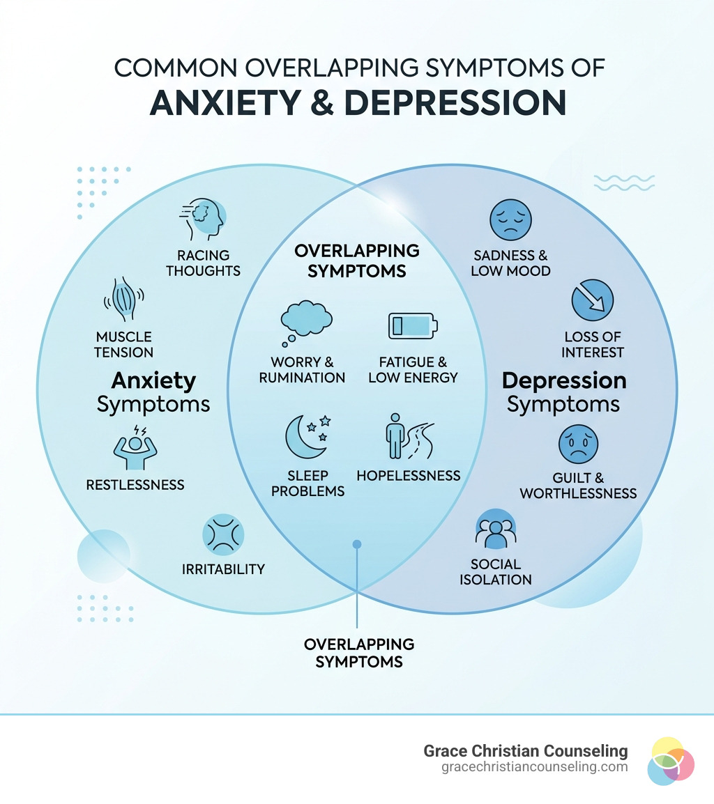 Infographic showing overlapping symptoms of anxiety and depression including worry, fatigue, sleep problems, and