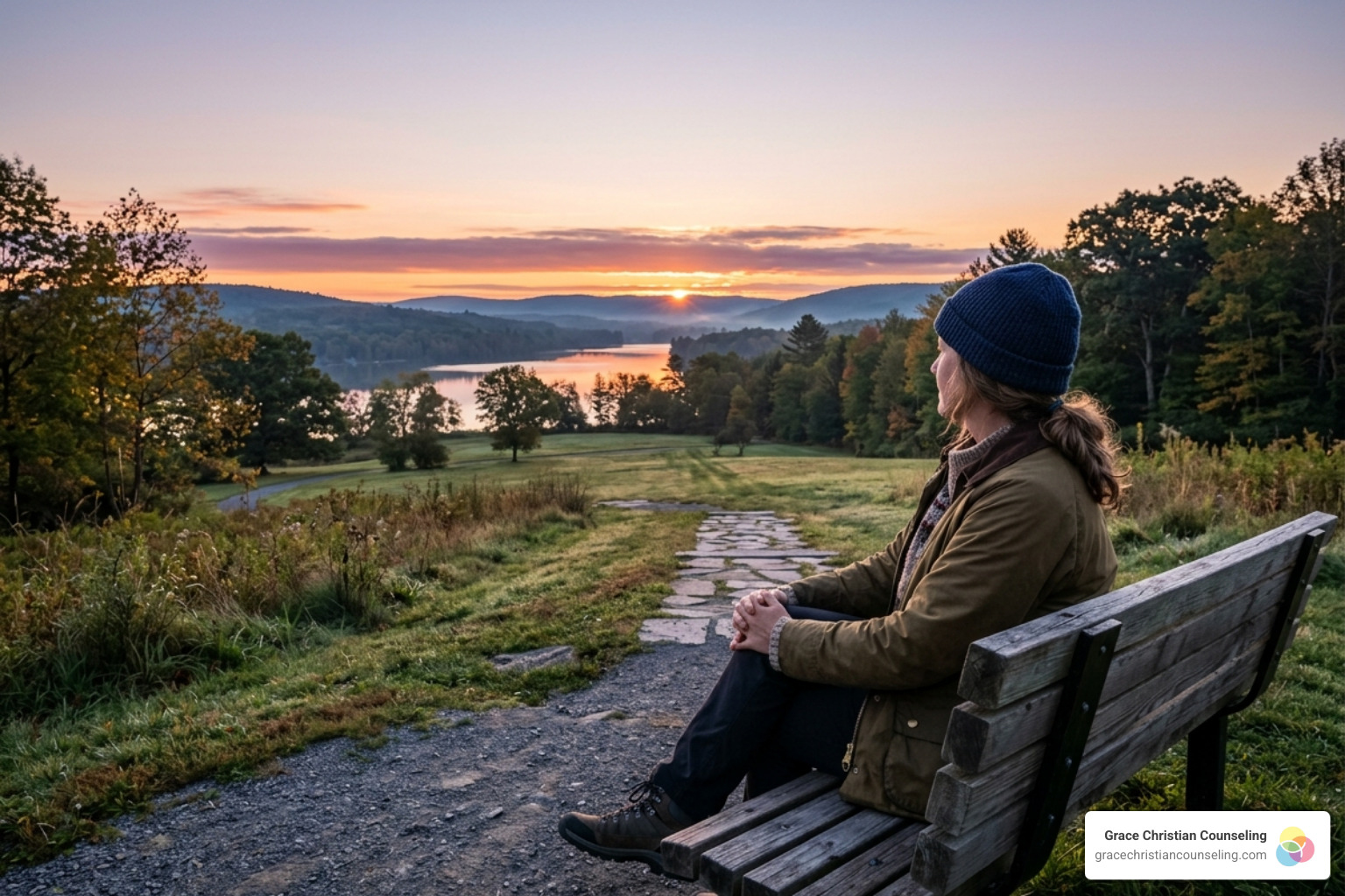 A person sitting on a bench looking at a sunrise, representing the emotional weight and the hope for a new day - anxiety