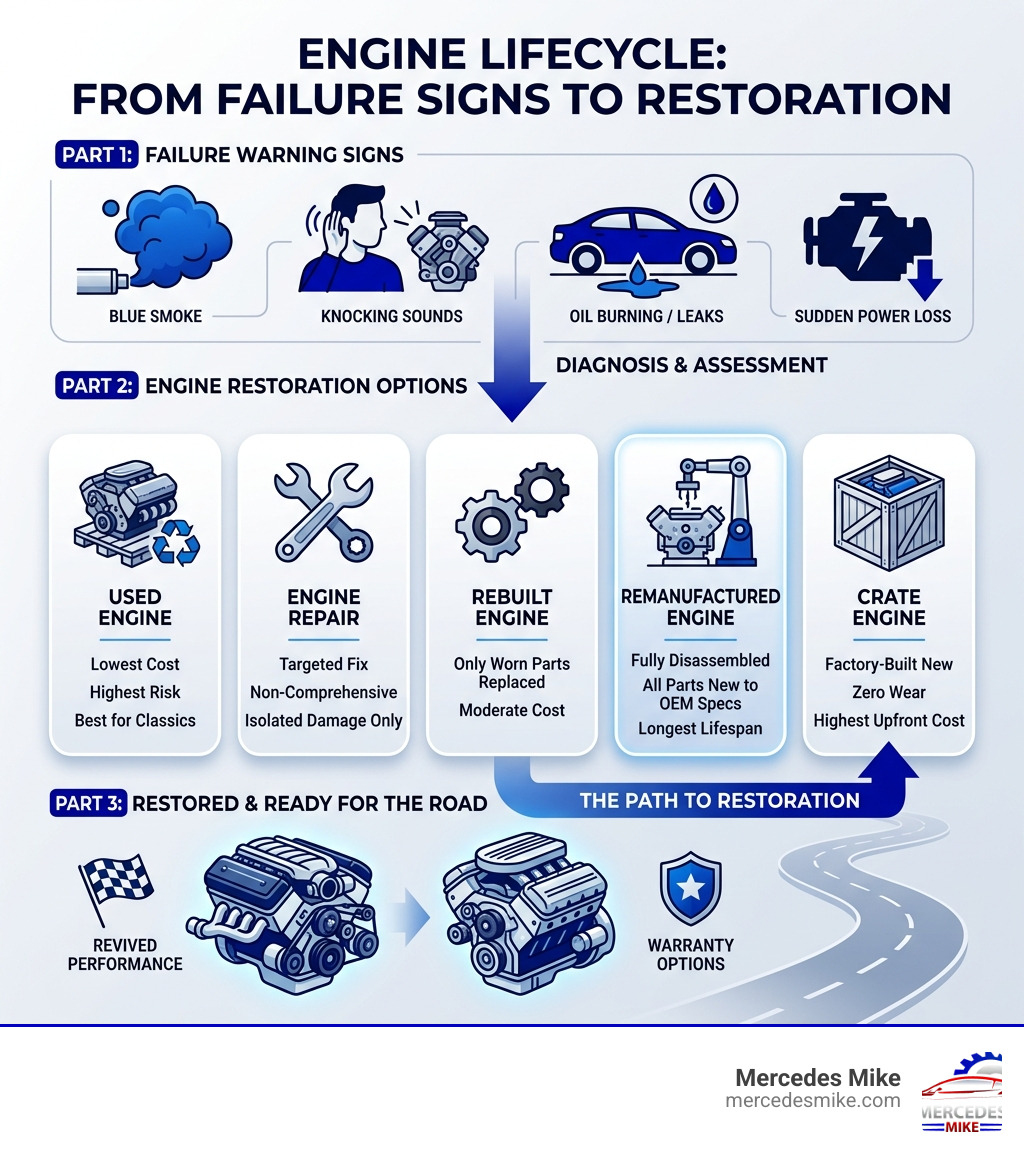 Engine lifecycle infographic from failure warning signs to rebuild options and restoration - motor rebuild shops infographic 
