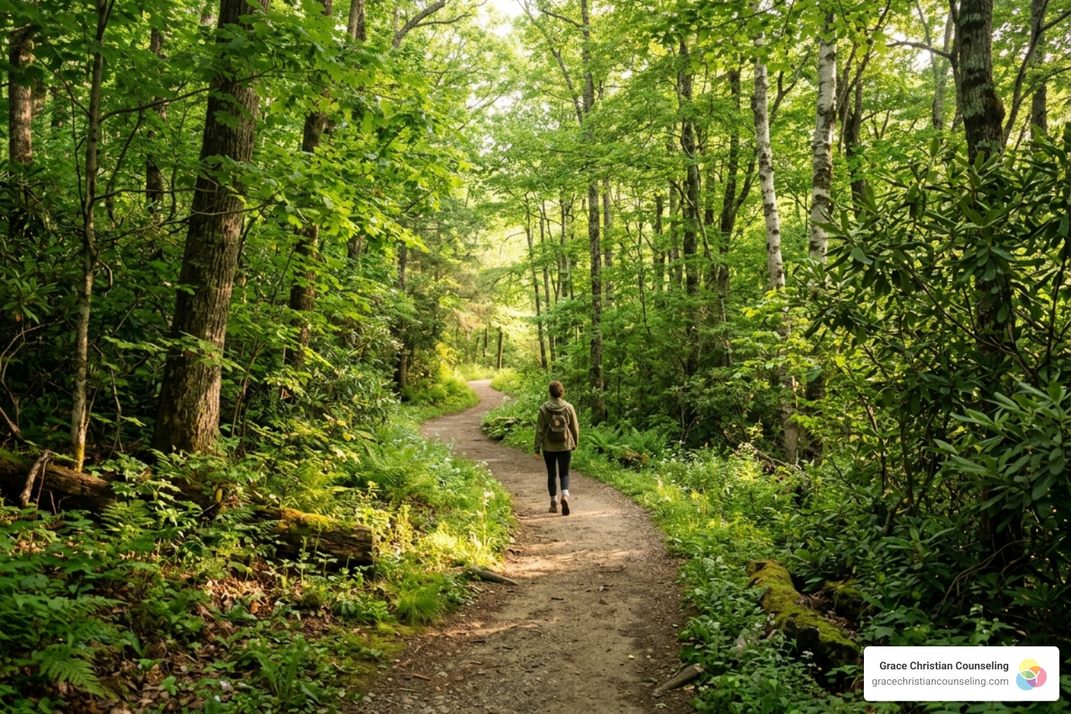 A path through a green forest, symbolizing the journey of healing and the steps toward recovery - anxiety depression