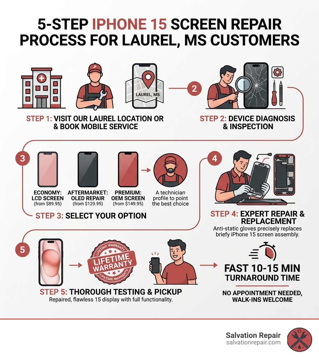 5-step iPhone 15 screen repair process infographic for Laurel MS customers - iPhone 15 screen repair Laurel infographic 