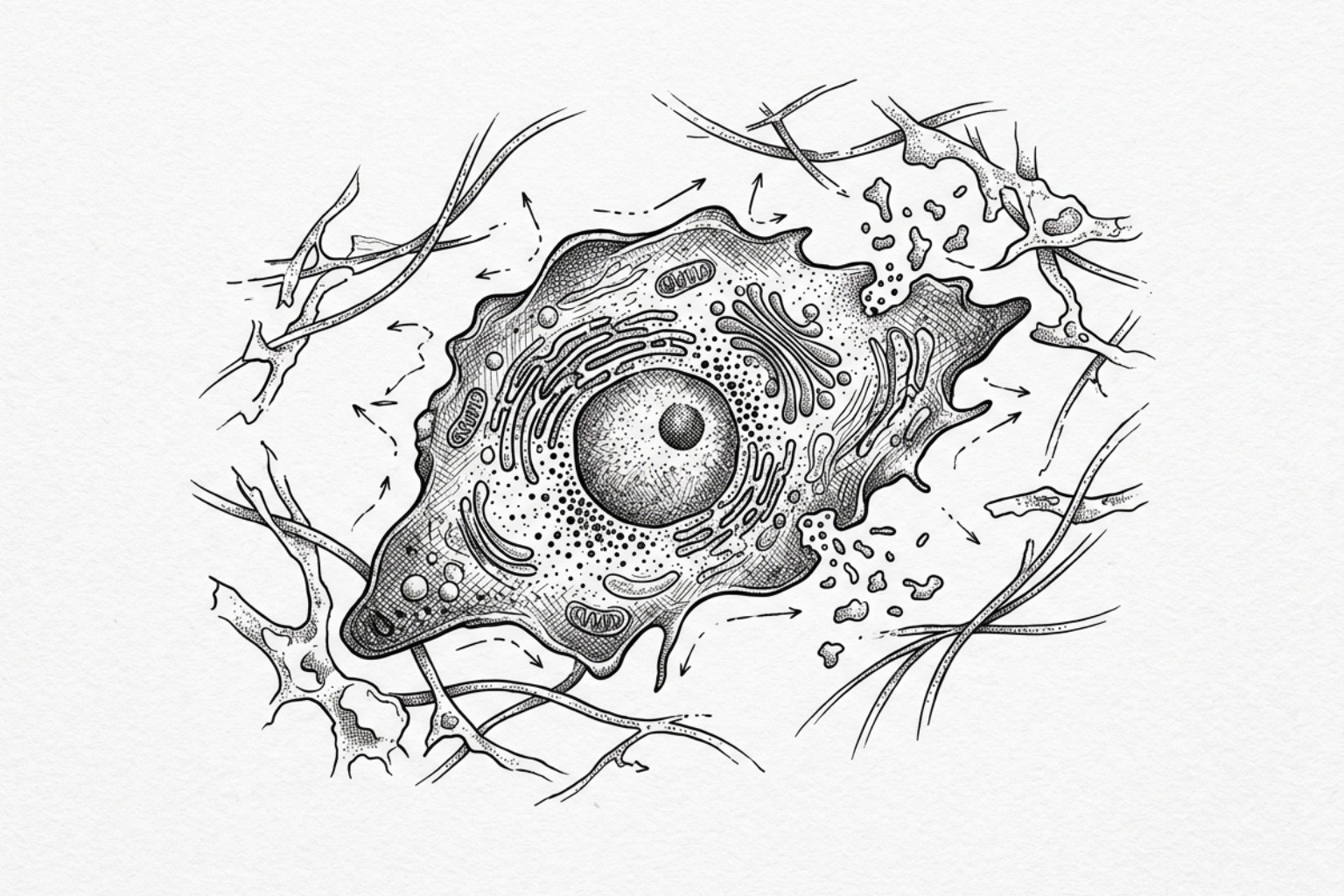 Microscopic illustration of a diabetic fibroblast with impaired migration in a slow-healing wound