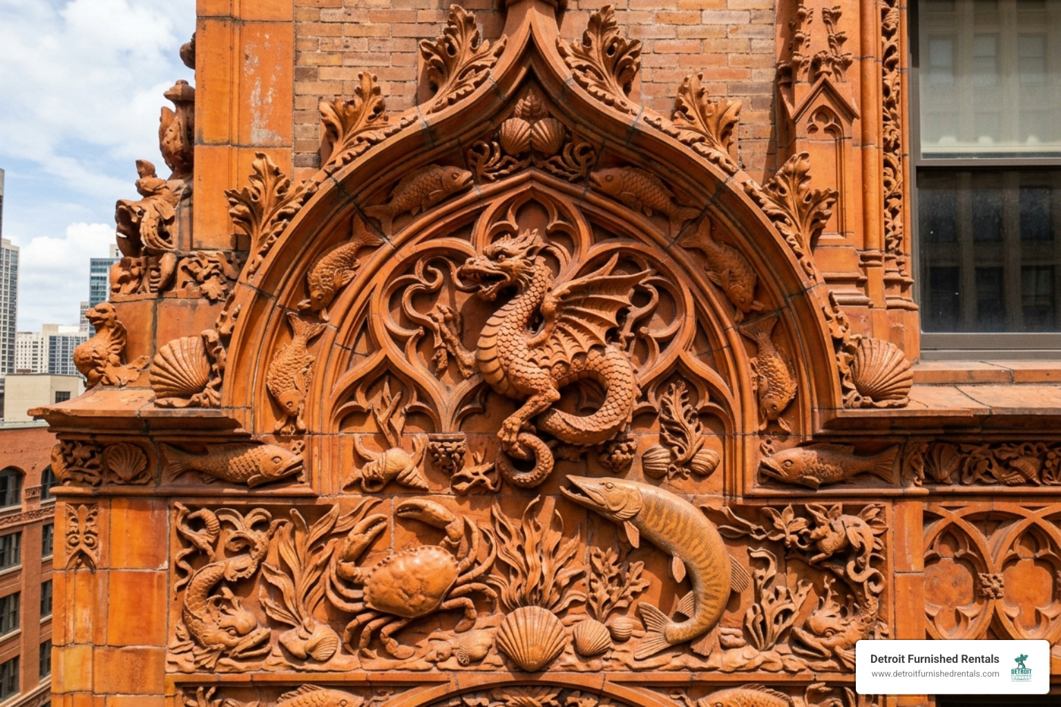 Intricate terra-cotta carvings of fish dragons and mythical creatures on the Fisher Building facade - Fisher Building