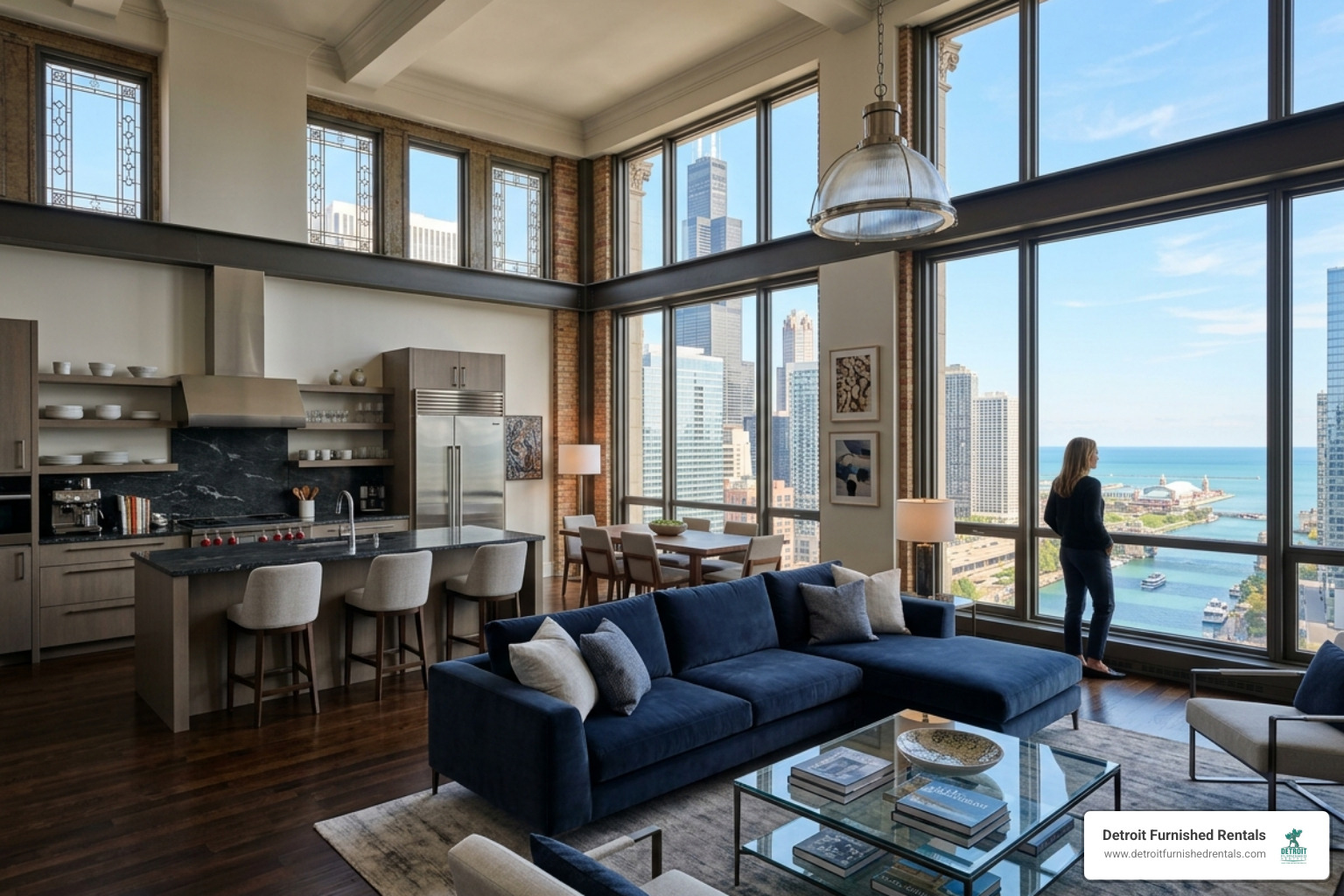 Renovated luxury penthouse interior in the Fisher Building with floor-to-ceiling windows and city views - Fisher Building