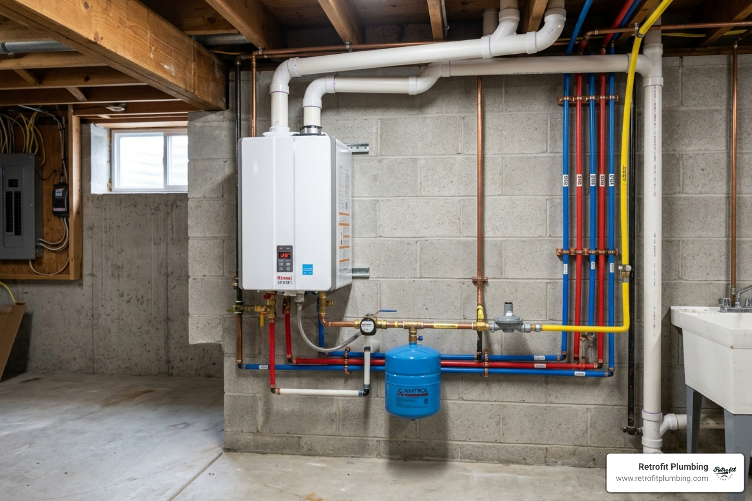 Rinnai SENSEI tankless water heater installed on a basement wall - best residential tankless water heater Rinnai SENSEI tankless water heater installed on a basement wall - best residential tankless water heater