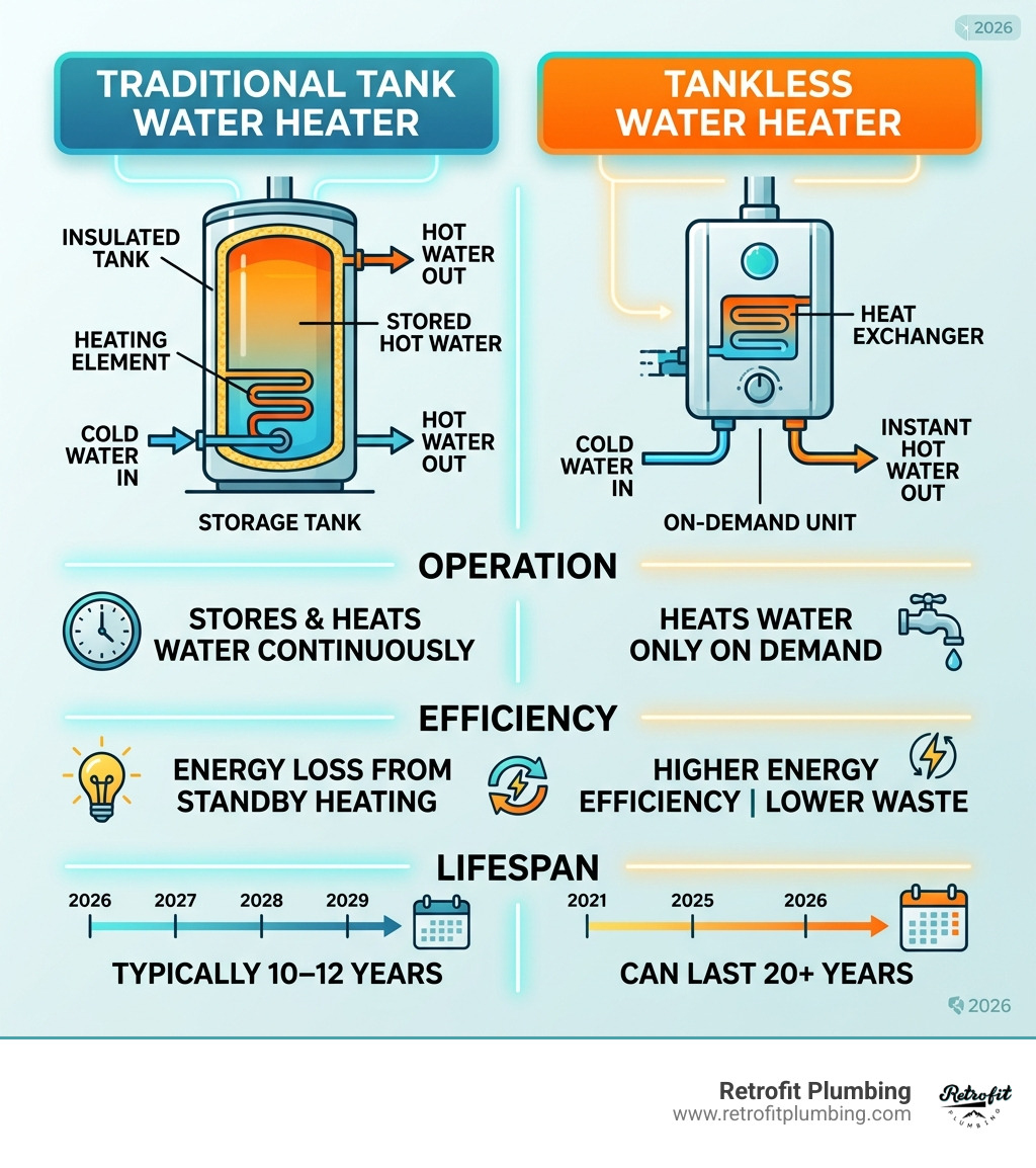 Infographic comparing traditional tank vs tankless water heater operation, efficiency, and lifespan - best residential Infographic comparing traditional tank vs tankless water heater operation, efficiency, and lifespan - best residential