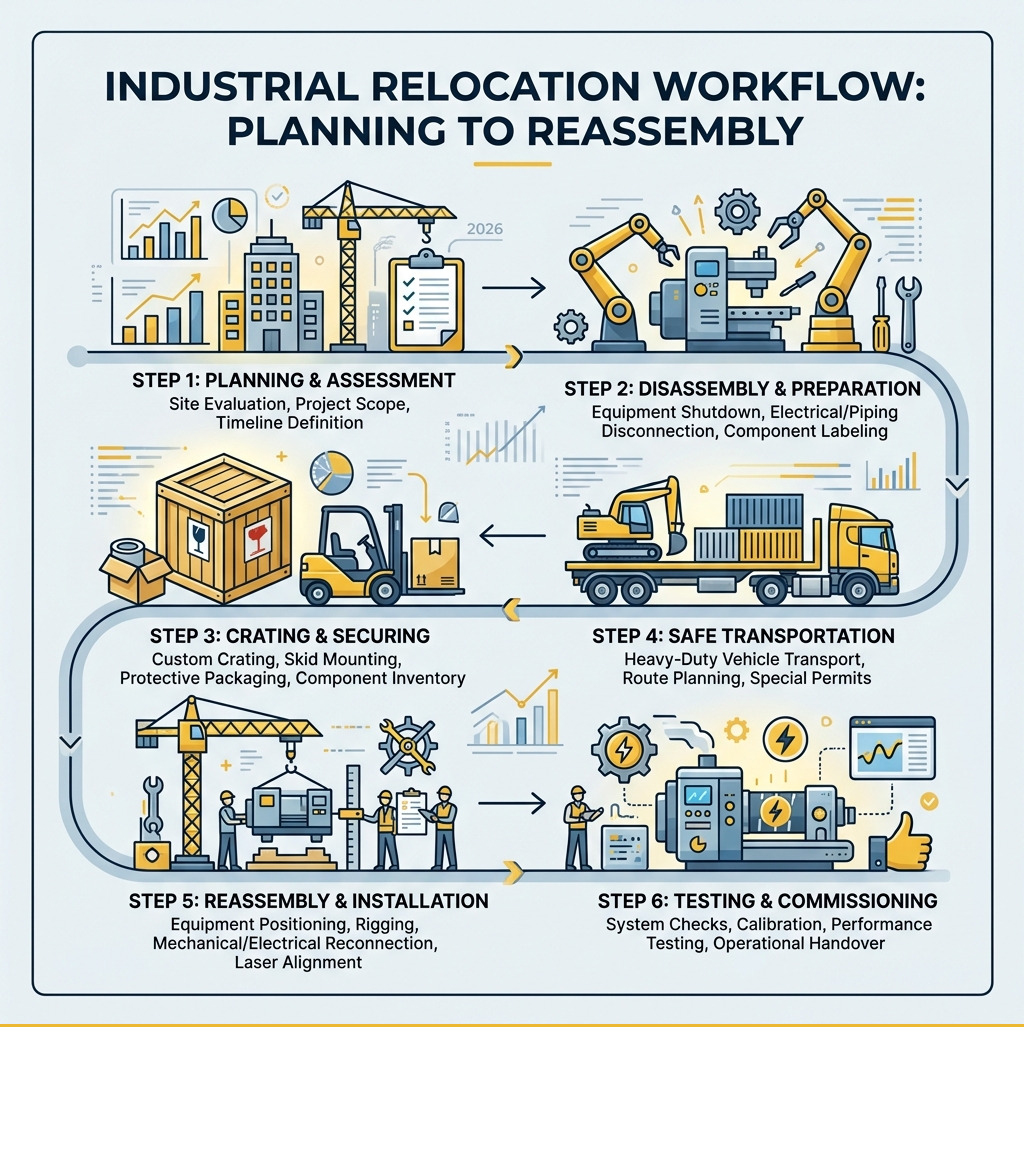 Industrial relocation workflow from planning to reassembly infographic - industrial warehouse equipment movers infographic Industrial relocation workflow from planning to reassembly infographic - industrial warehouse equipment movers infographic