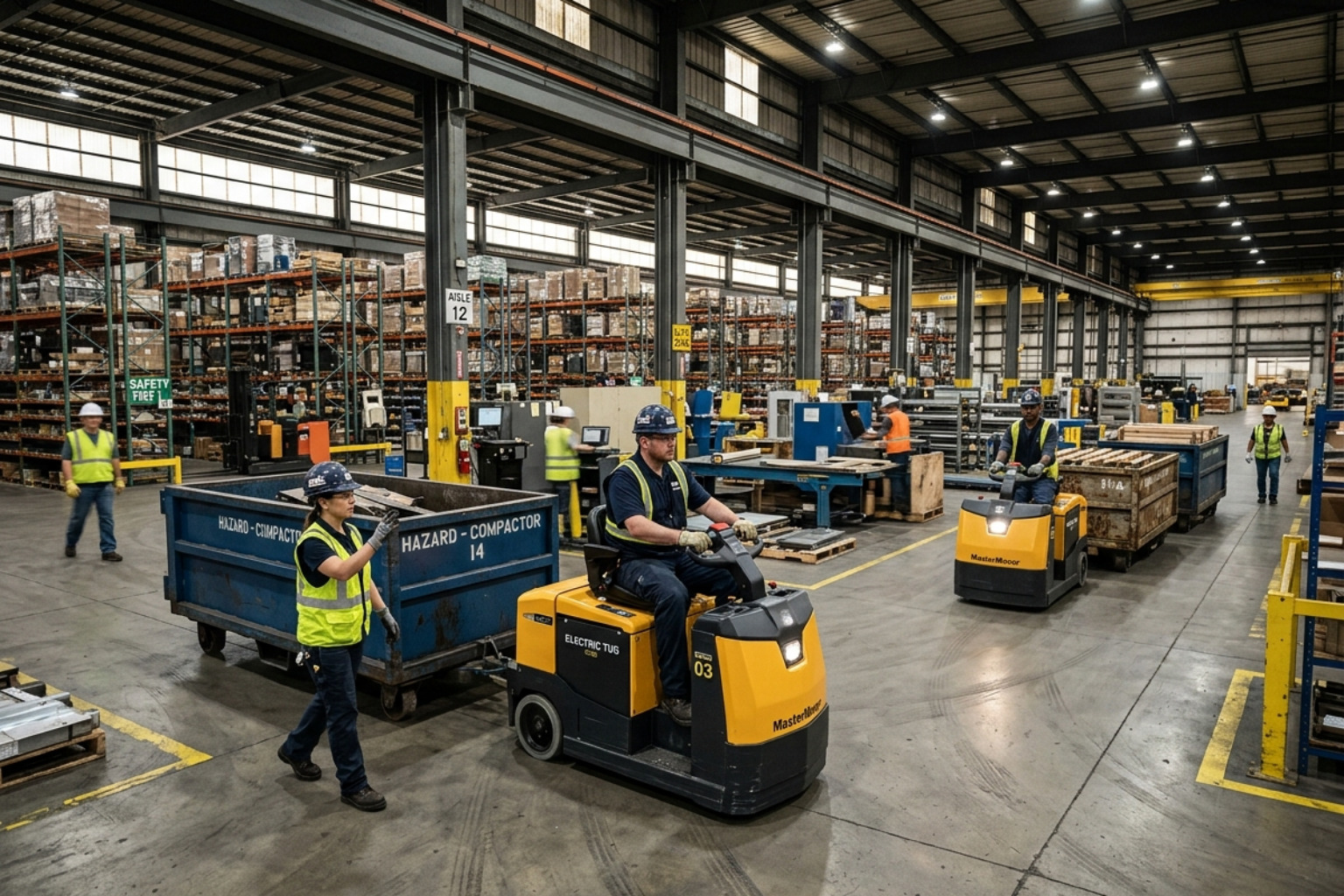 Electric tugs moving heavy loads in a warehouse environment - industrial warehouse equipment movers Electric tugs moving heavy loads in a warehouse environment - industrial warehouse equipment movers