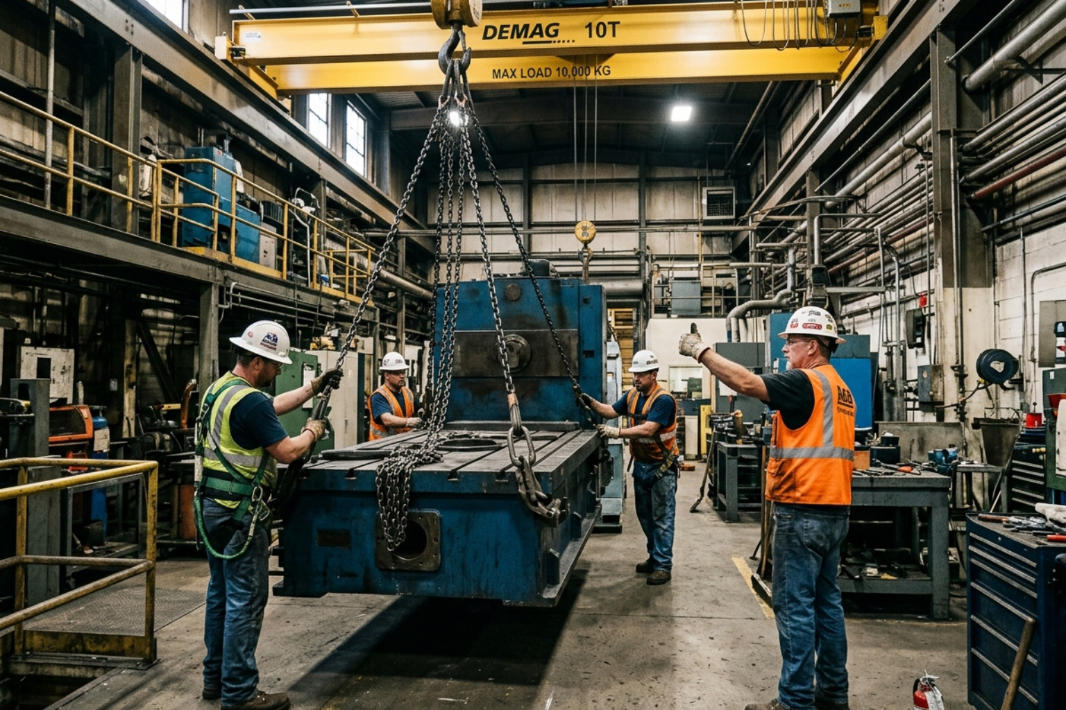 Industrial rigging crew carefully lifting heavy machinery inside a manufacturing facility - industrial warehouse equipment Industrial rigging crew carefully lifting heavy machinery inside a manufacturing facility - industrial warehouse equipment