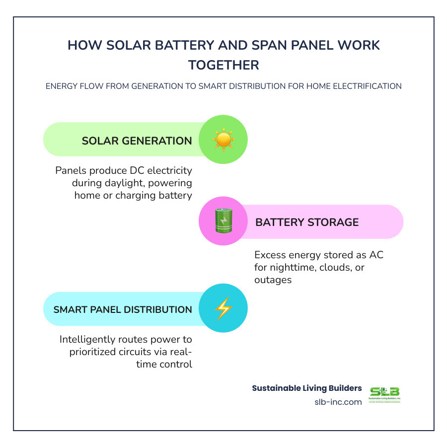 Infographic showing energy flow from solar panels to battery storage to SPAN smart panel to home circuits - how solar