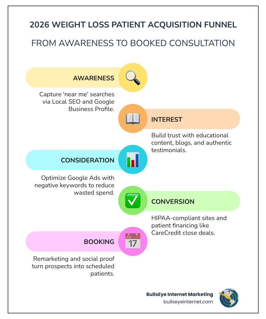 2026 weight loss patient acquisition funnel from awareness to booked consultation - Weight loss marketing infographic 2026 weight loss patient acquisition funnel from awareness to booked consultation - Weight loss marketing infographic