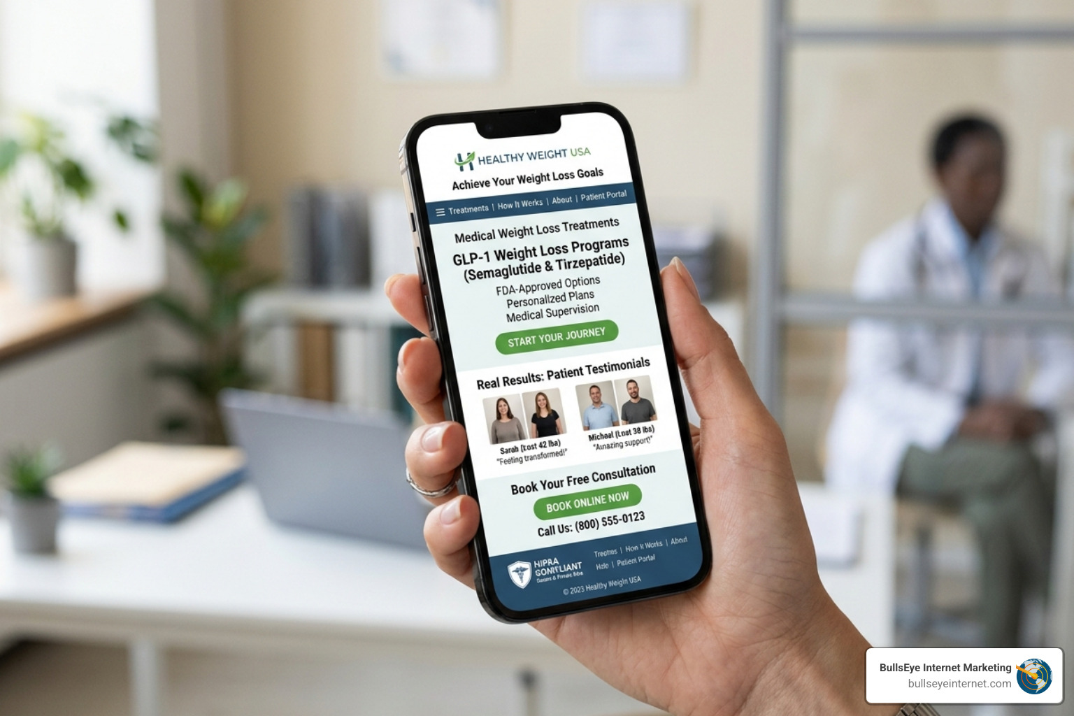 smartphone displaying a mobile-optimized weight loss clinic website - Weight loss marketing smartphone displaying a mobile-optimized weight loss clinic website - Weight loss marketing