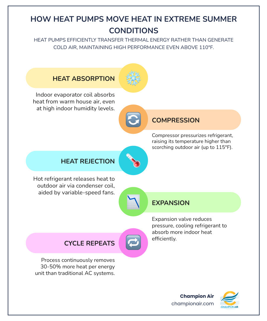 Infographic showing how a heat pump moves heat from indoors to outdoors during extreme summer heat with efficiency stats