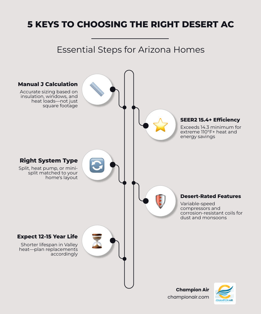 Infographic showing 5 key factors for choosing the right AC system for desert homes: Manual J sizing, SEER2 rating, system