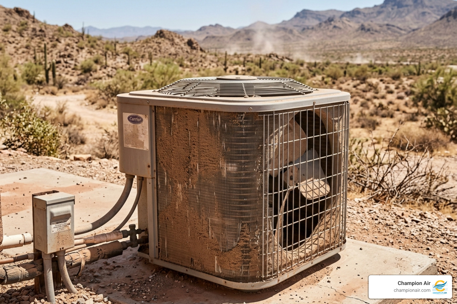 dusty outdoor condenser unit in the Arizona desert heat - how to decide between ac repair and replacement