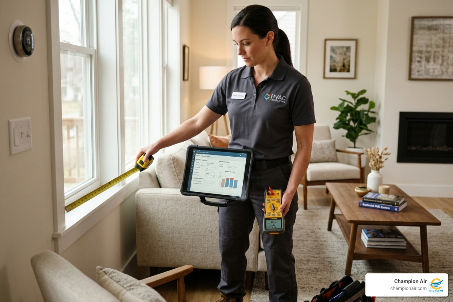 HVAC technician performing a load calculation with a tablet and measuring tools in a residential home - how proper ac