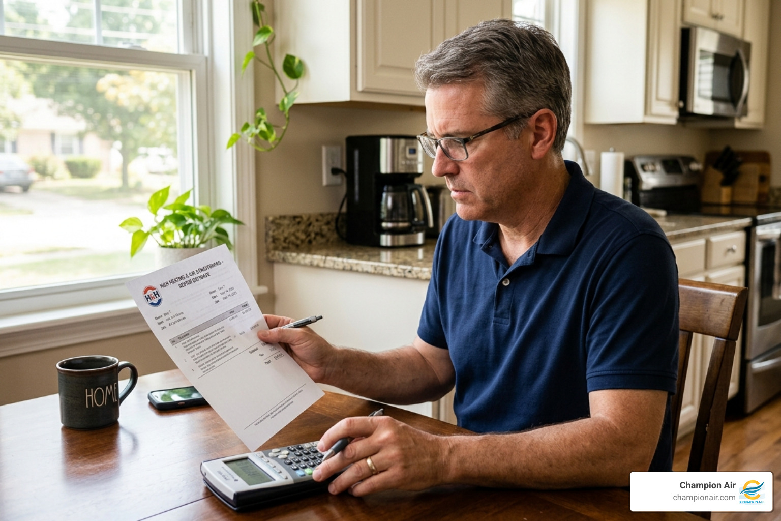 Homeowner reviewing an AC repair estimate with a calculator - the 5000 dollar rule for ac replacement