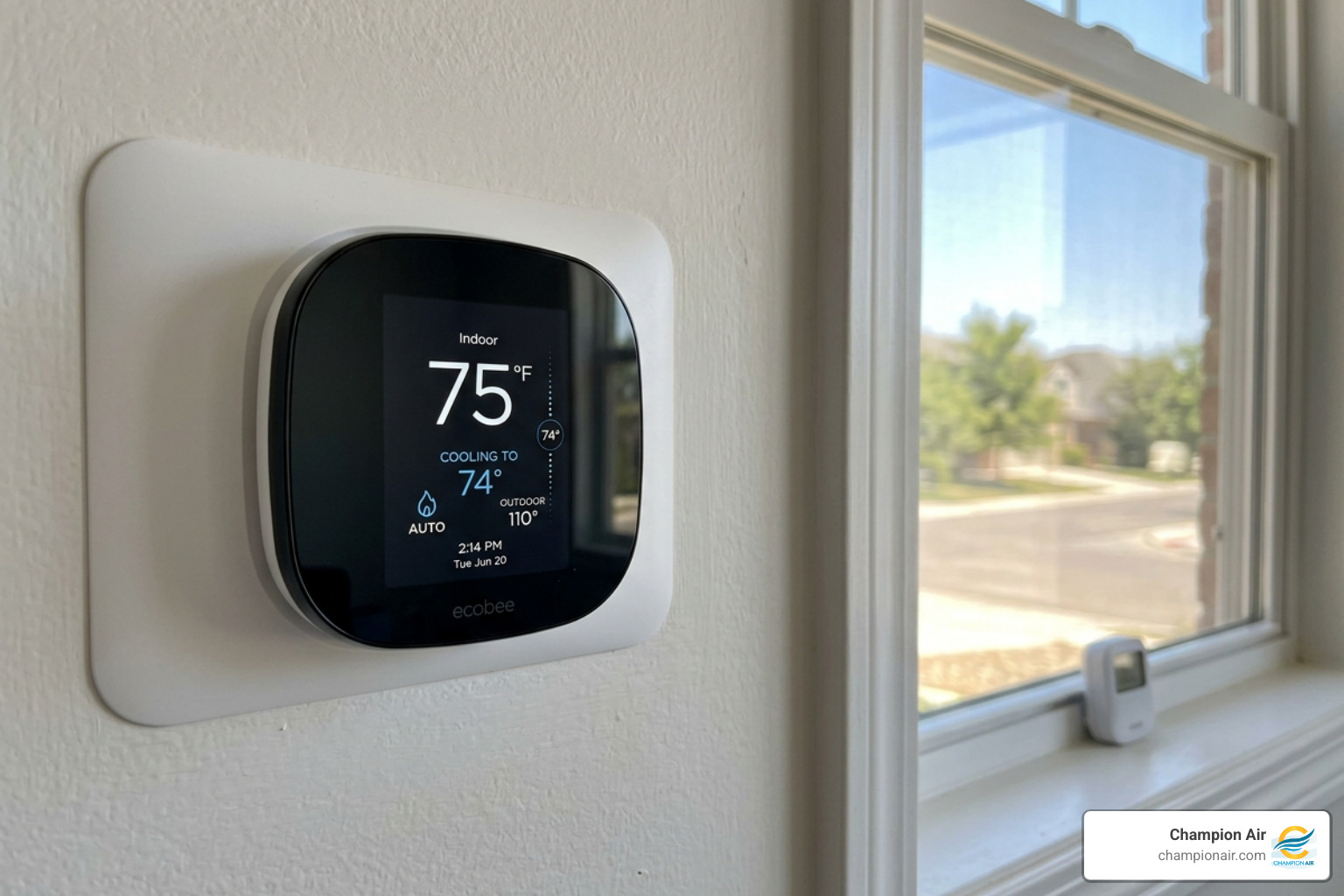 Digital thermostat showing a comfortable 75°F while it is 110°F outside - are heat pumps efficient in extreme heat