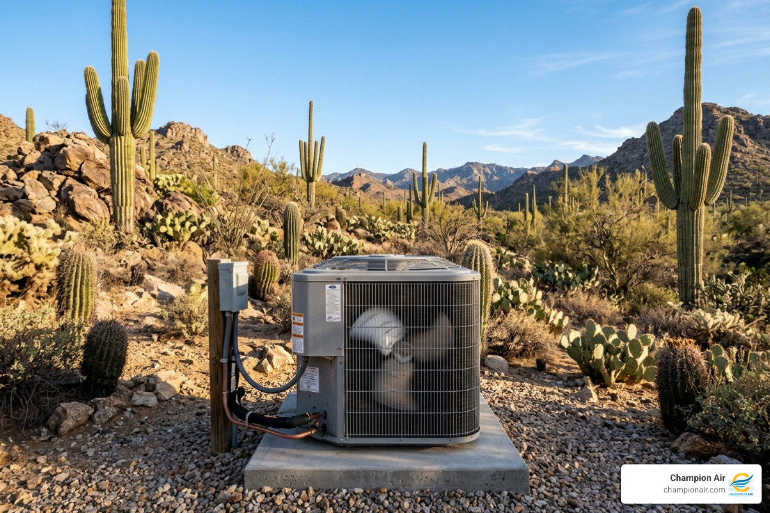 Outdoor AC condenser unit sitting on a gravel pad in a desert landscape with cacti - pre summer ac tune up checklist for