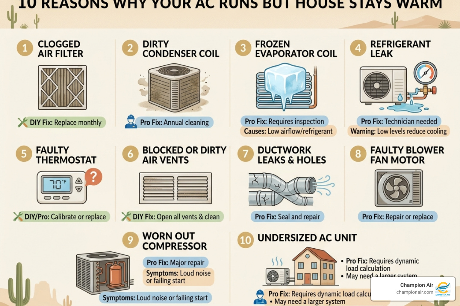 infographic showing 10 common reasons AC runs but house stays warm with DIY vs professional fix labels - ac running but