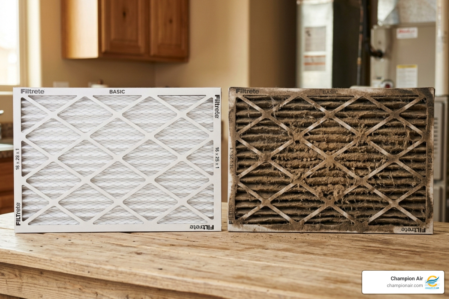 clean pleated air filter vs a dirty dust-clogged air filter - how often should you change your ac filter in arizona