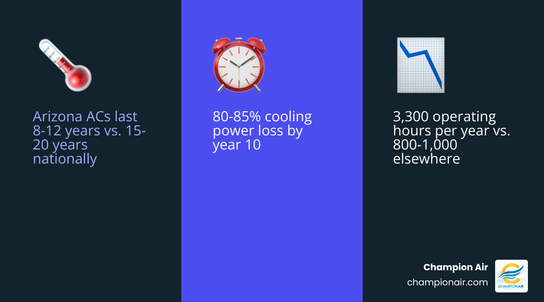 Infographic comparing Arizona AC lifespan vs national average, listing top factors that shorten AC life in the desert - what