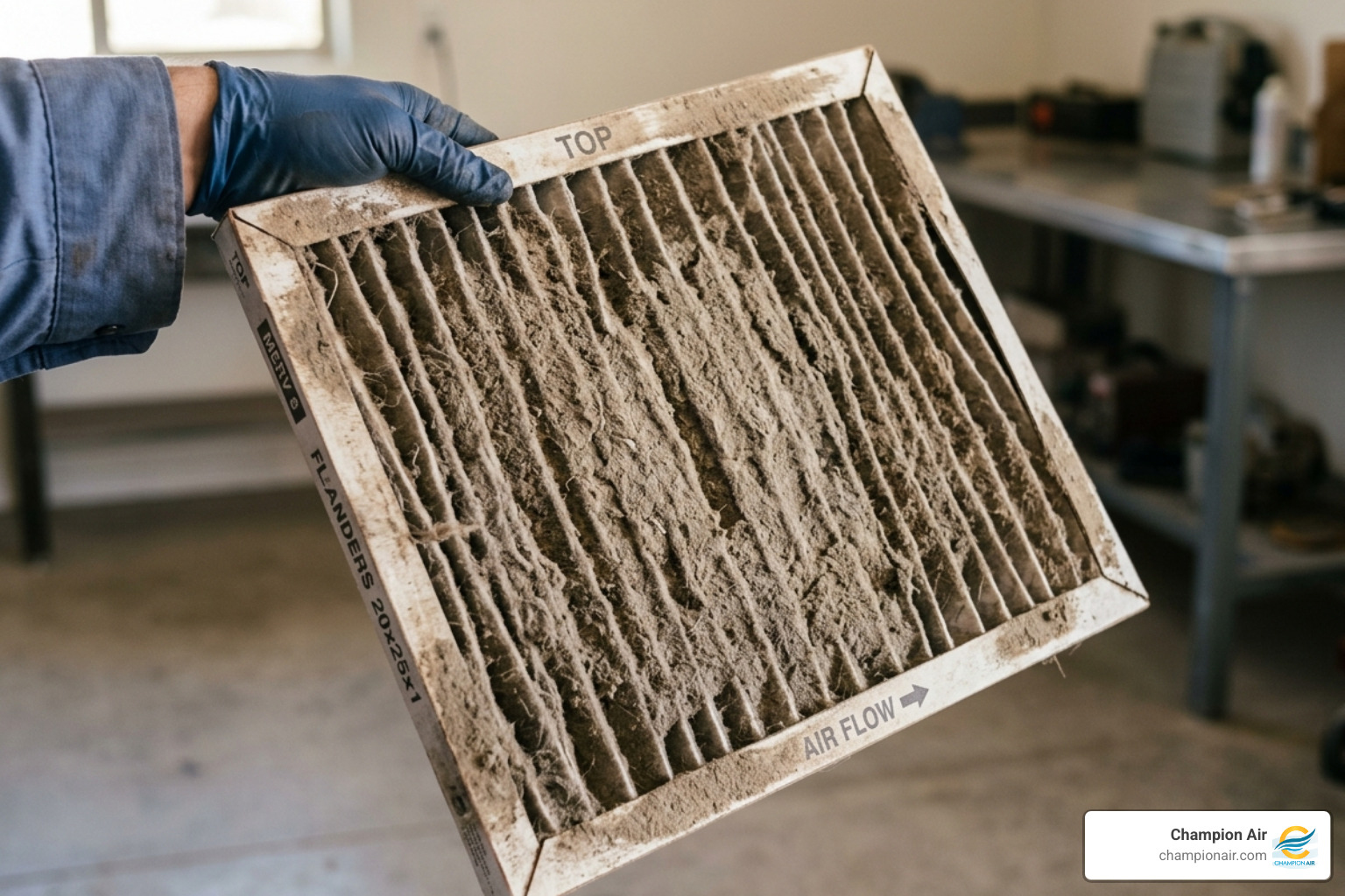 A dust-clogged air filter illustrating why frequent maintenance is needed in Arizona - heat pump tune up guide for arizona