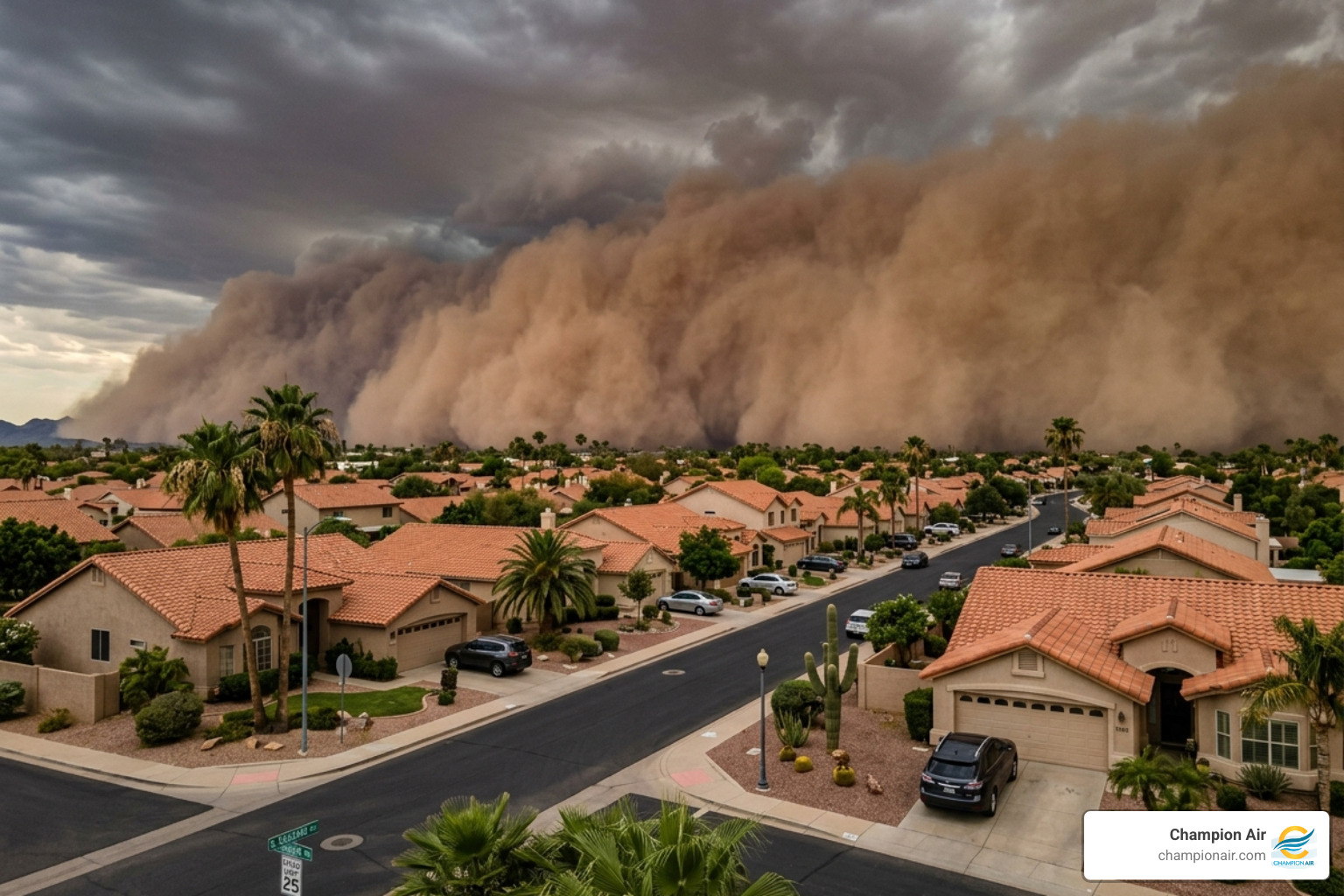 A dust storm haboob approaching a residential area in the Phoenix Valley - how often should you service your ac in arizona