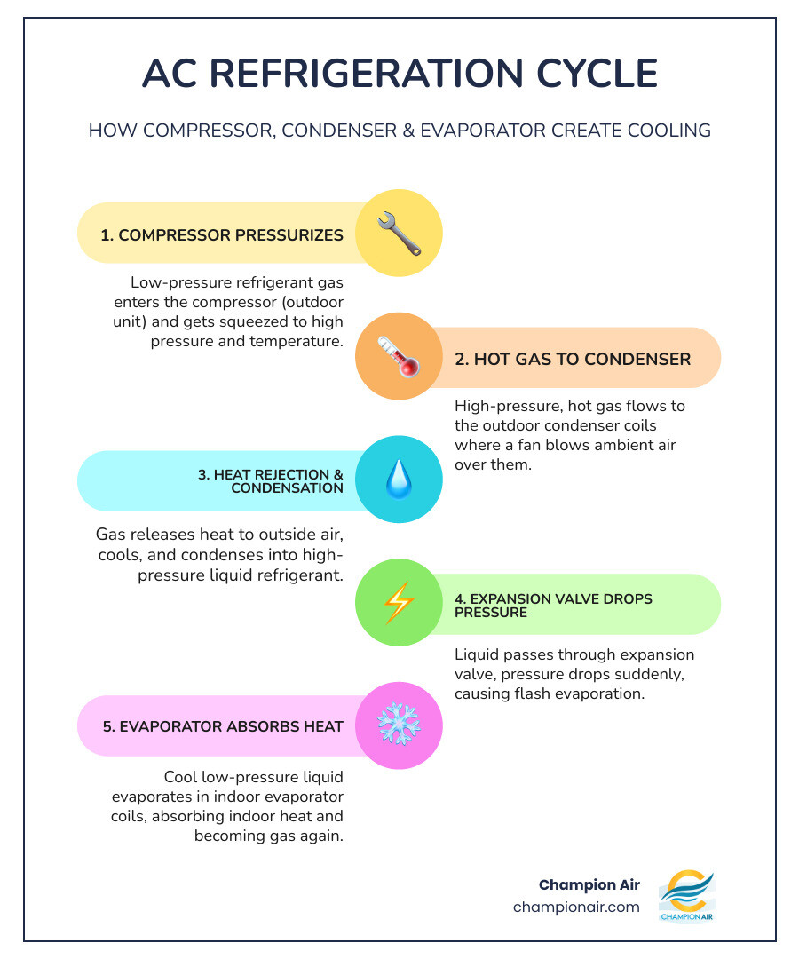 infographic showing the continuous AC cooling loop: compressor pressurizes gas, condenser releases heat outdoors, expansion