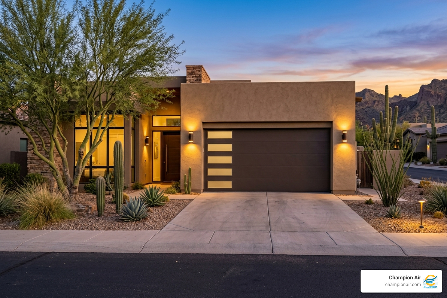 A modern insulated garage door on a Phoenix home at dusk, highlighting curb appeal and modern lighting - best home