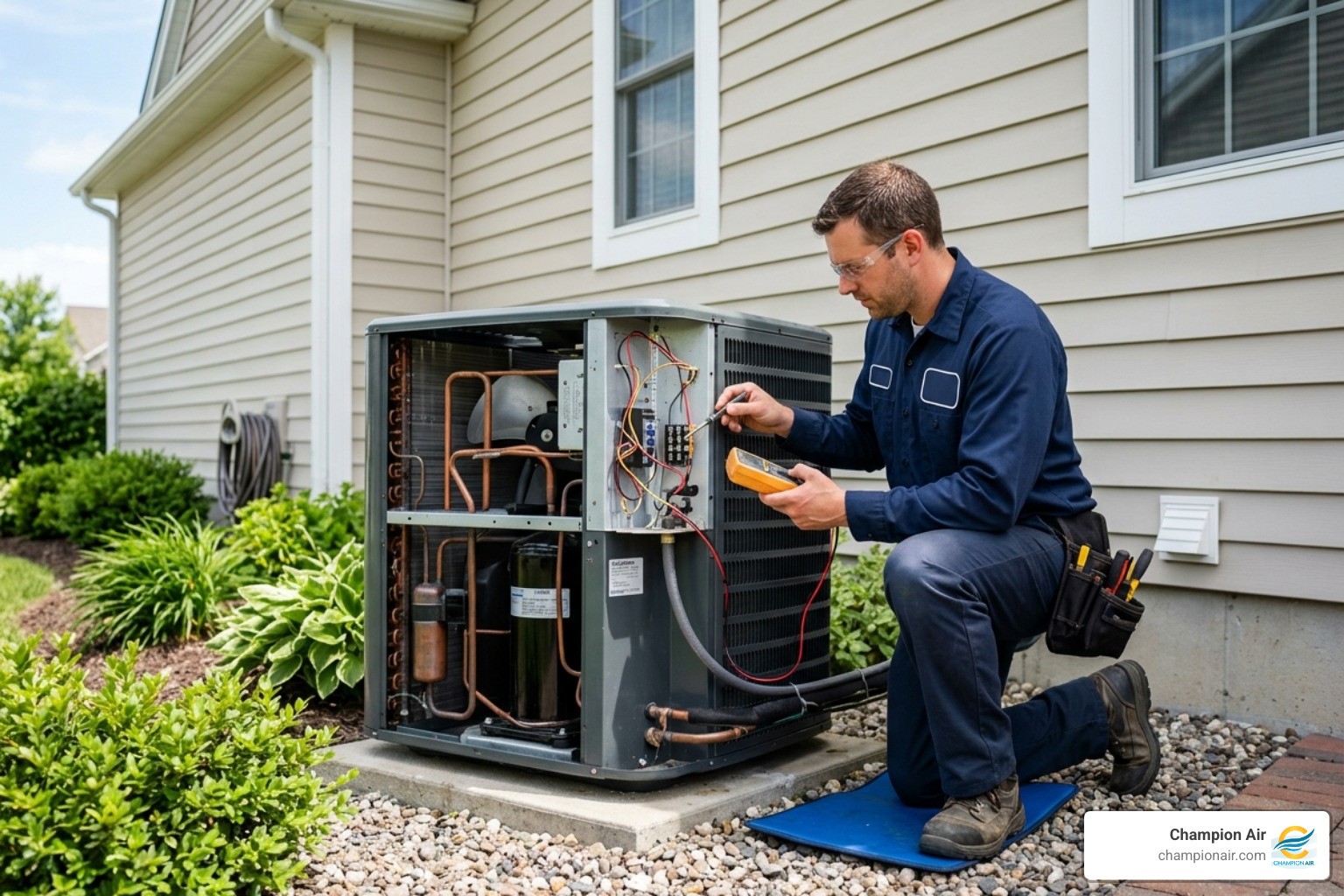 A professional HVAC technician performing a precision tune-up on an outdoor condenser unit - summer energy saving tips for
